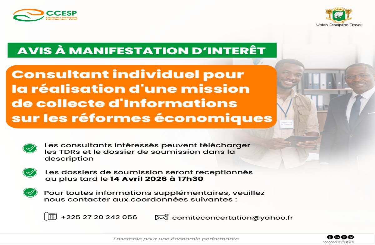 AVIS A MANIFESTATION D'INTERÊT - CONSULTANT - MISSION COLLECTE D'INFORMATONS SUR LES REFORMES ECONOMIQUES